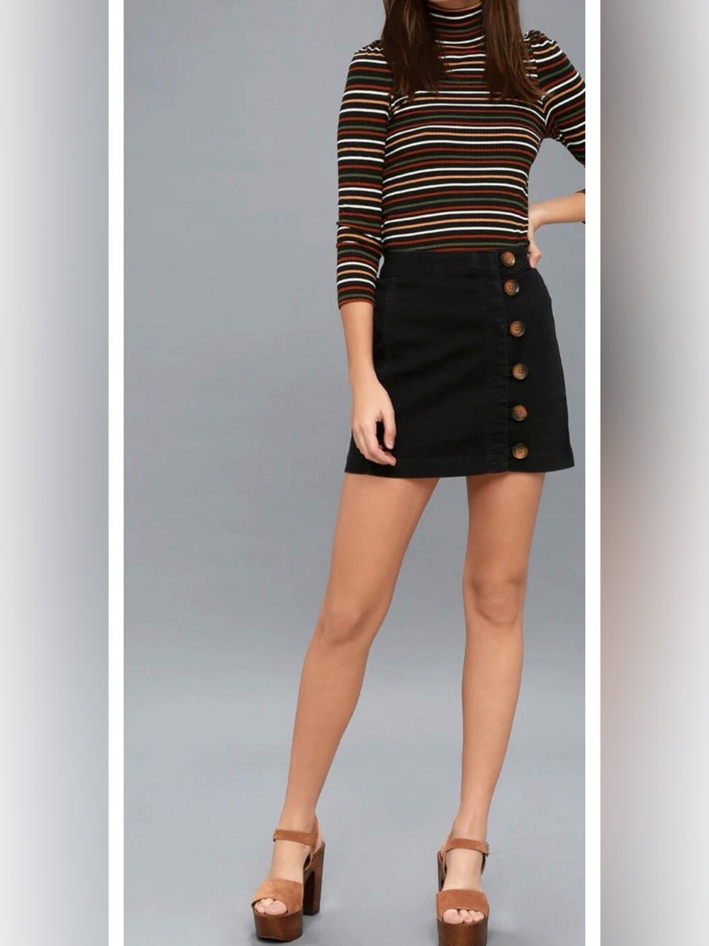 Free People Little Daisies Black Mini Skirt with Side Button Detail Size 12